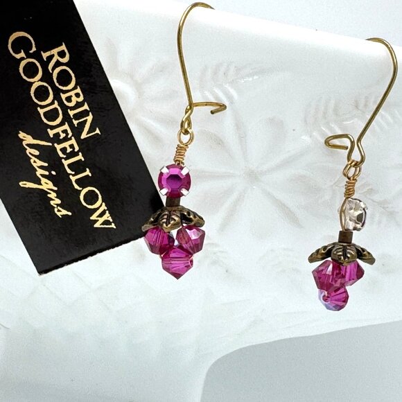 Robin Goodfellow Fuschia Pink Dangle Earrings Gold-Plated Earwires Crystals - Picture 2 of 8